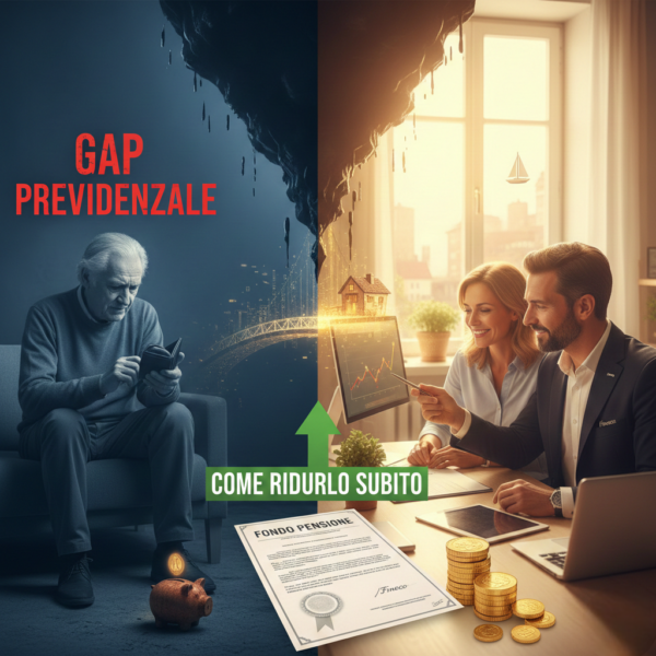 Consulente finanziario (Fineco) che illustra a una coppia come un Fondo Pensione (con documento firmato) riduce il gap previdenziale, simboleggiato da un anziano preoccupato a sinistra.