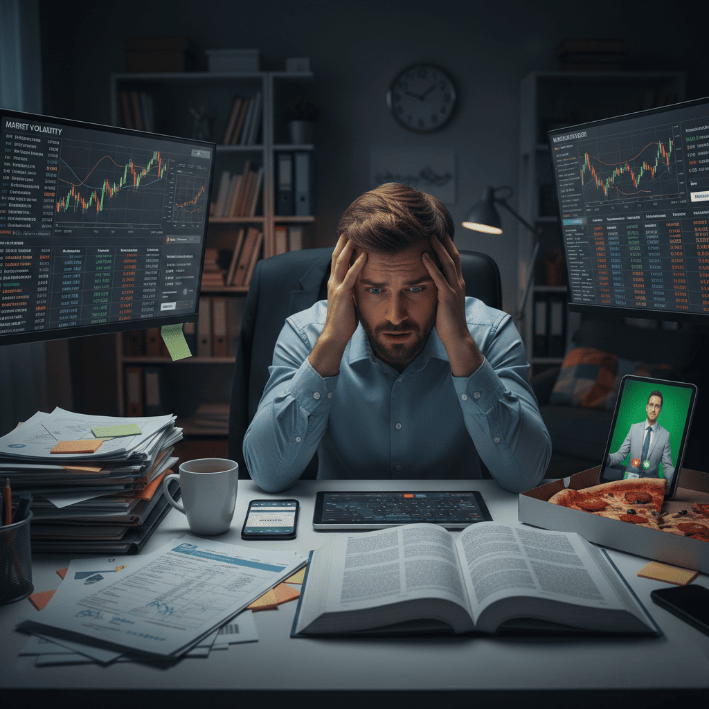 Uomo d'affari stressato che guarda grafici finanziari al buio. Rappresenta la difficoltà del risparmiatore senza consulenza finanziaria online professionale.