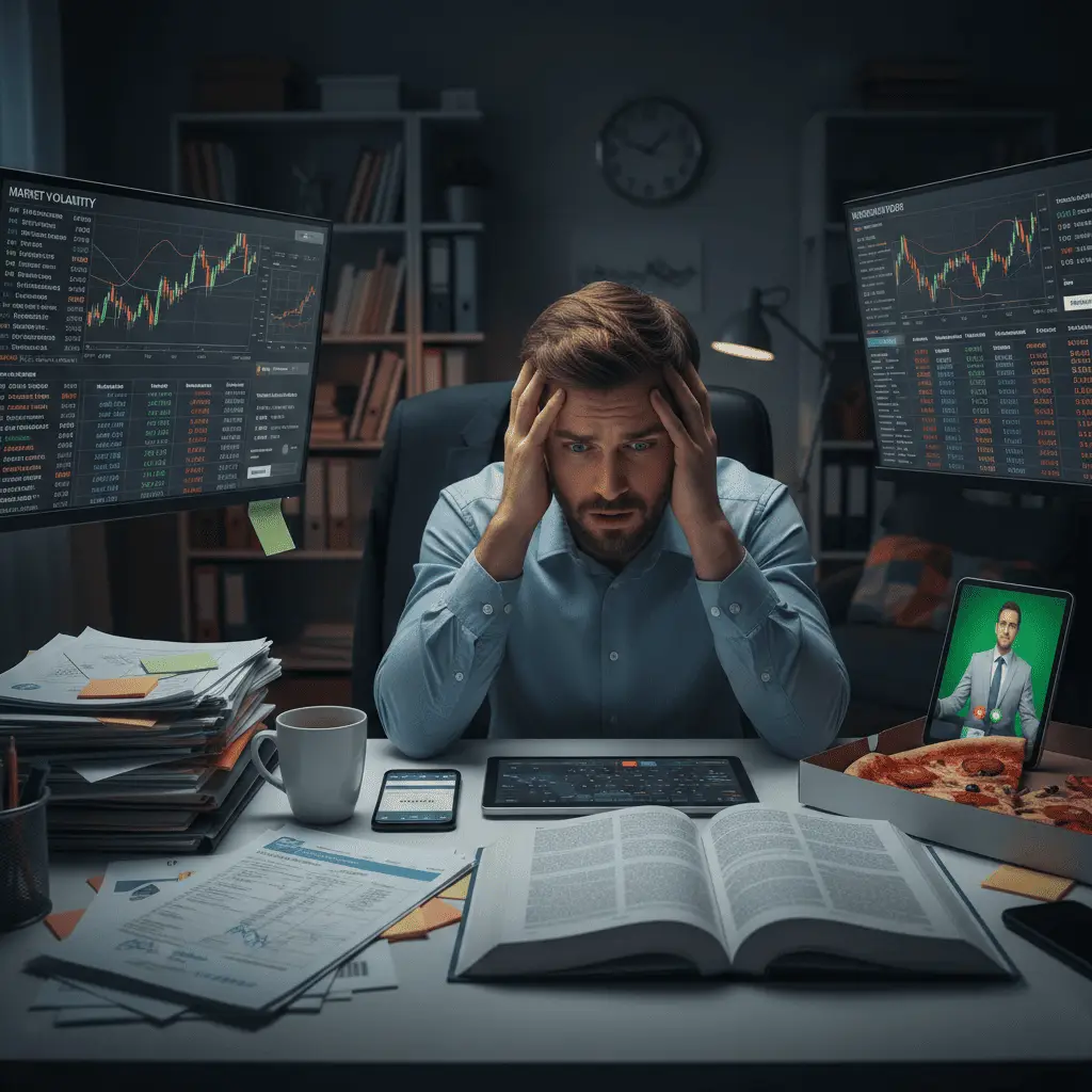 Uomo d'affari stressato che guarda grafici finanziari al buio. Rappresenta la difficoltà del risparmiatore senza consulenza finanziaria online professionale.