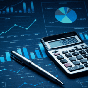 Calcolatrice e penna su grafici finanziari blu scuri. Rappresenta l'analisi strategica di portafoglio, asset allocation e performance, ideale per un consulente finanziario tramite ETF e fondi.