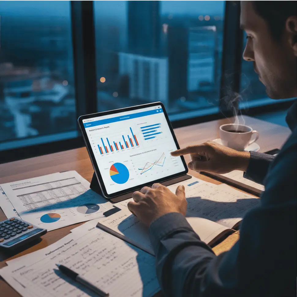 Analisi di portafoglio su tablet: uomo d'affari che valuta report finanziari e grafici di investimento su schermo e documenti cartacei di notte. Ottimizzazione investimenti e gestione rischio.