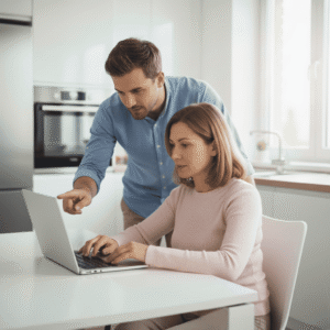 Giovane consulente finanziario che spiega il laptop a una cliente, evidenziando il supporto personalizzato per la consulenza online da casa