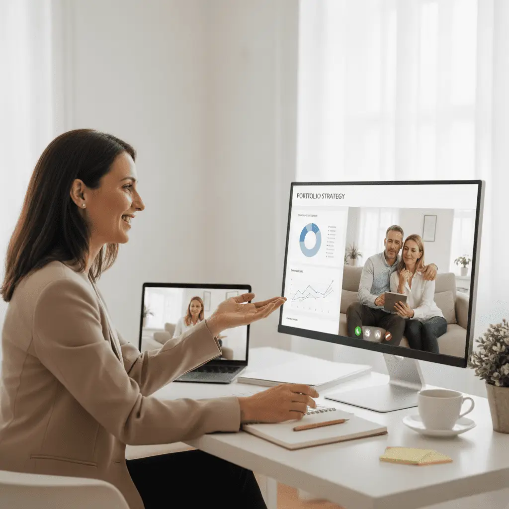 Consulenza finanziaria online con videochiamata professionale. Uomo che gestisce i suoi investimenti da casa, ottenendo consulenza immediata e personalizzata.Consulenza finanziaria online con videochiamata professionale. Uomo che gestisce i suoi investimenti da casa, ottenendo consulenza immediata e personalizzata.