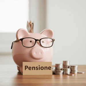 Salvadanaio a forma di maialino con occhiali, banconote e monete impilate per consulenza previdenziale e pianificazione pensione con consulente finanziario.