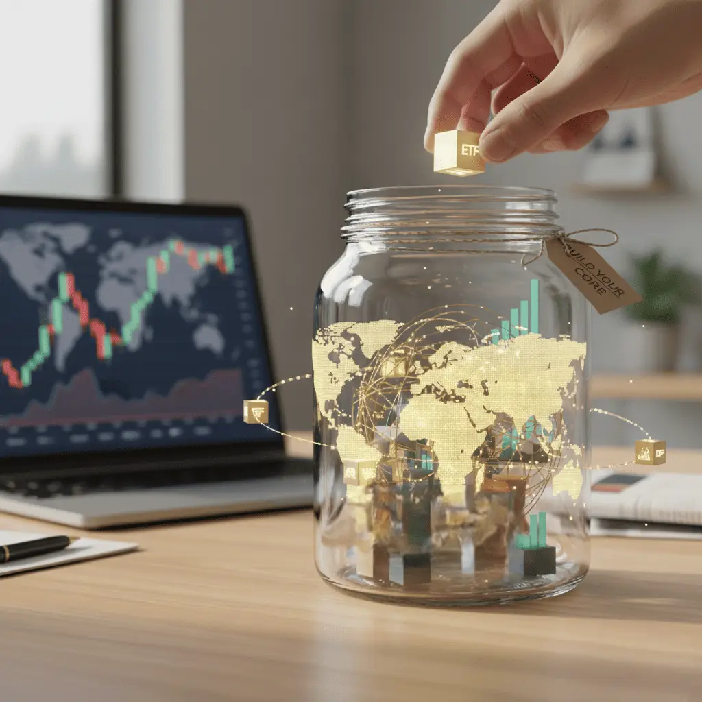 Rappresentazione concettuale di un portafoglio finanziario solido con un barattolo di vetro contenente una mappa del mondo digitale e cubetti con la scritta ETF, simbolo di diversificazione globale.