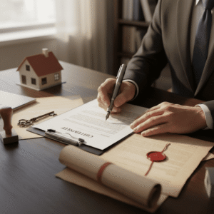 Primo piano estremamente realistico di un consulente finanziario Fineco che firma un contratto o documenti legali/immobiliari con penna stilografica su tavolo di legno. Oggetti: modellino casa, pergamena sigillata.