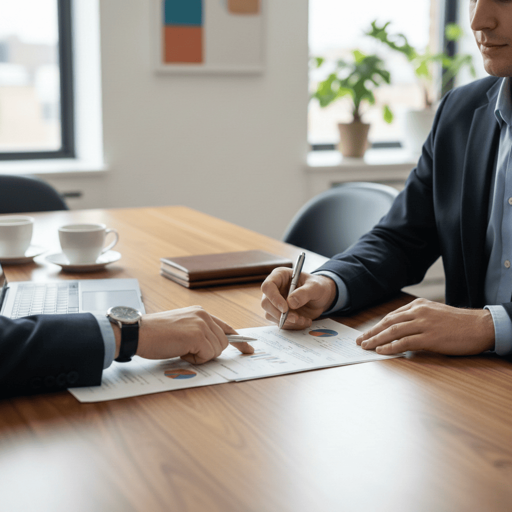 Consulenza professionale di pianificazione patrimoniale: un consulente indica un grafico mentre un cliente firma un documento finanziario importante.