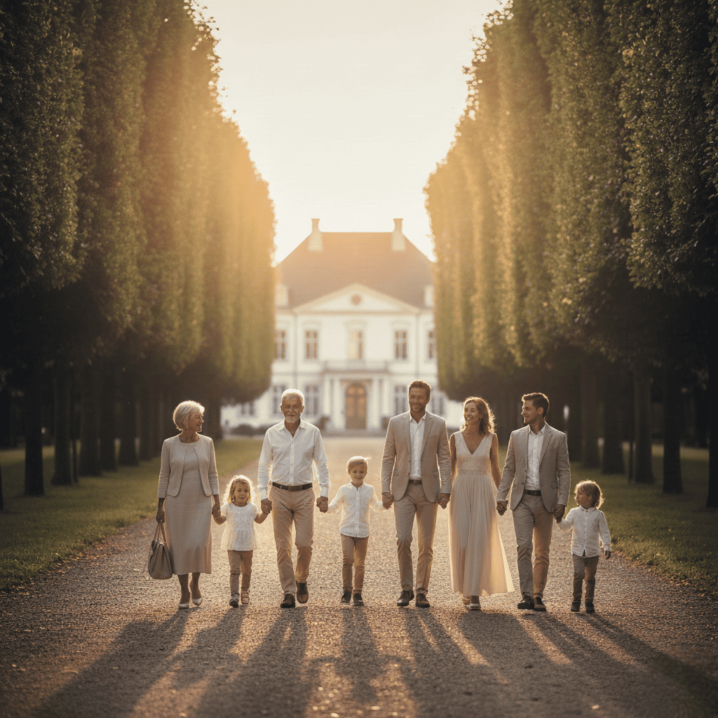 Famiglia serena su tre generazioni che cammina di fronte alla casa, simboleggiando i benefici della pianificazione successoria.