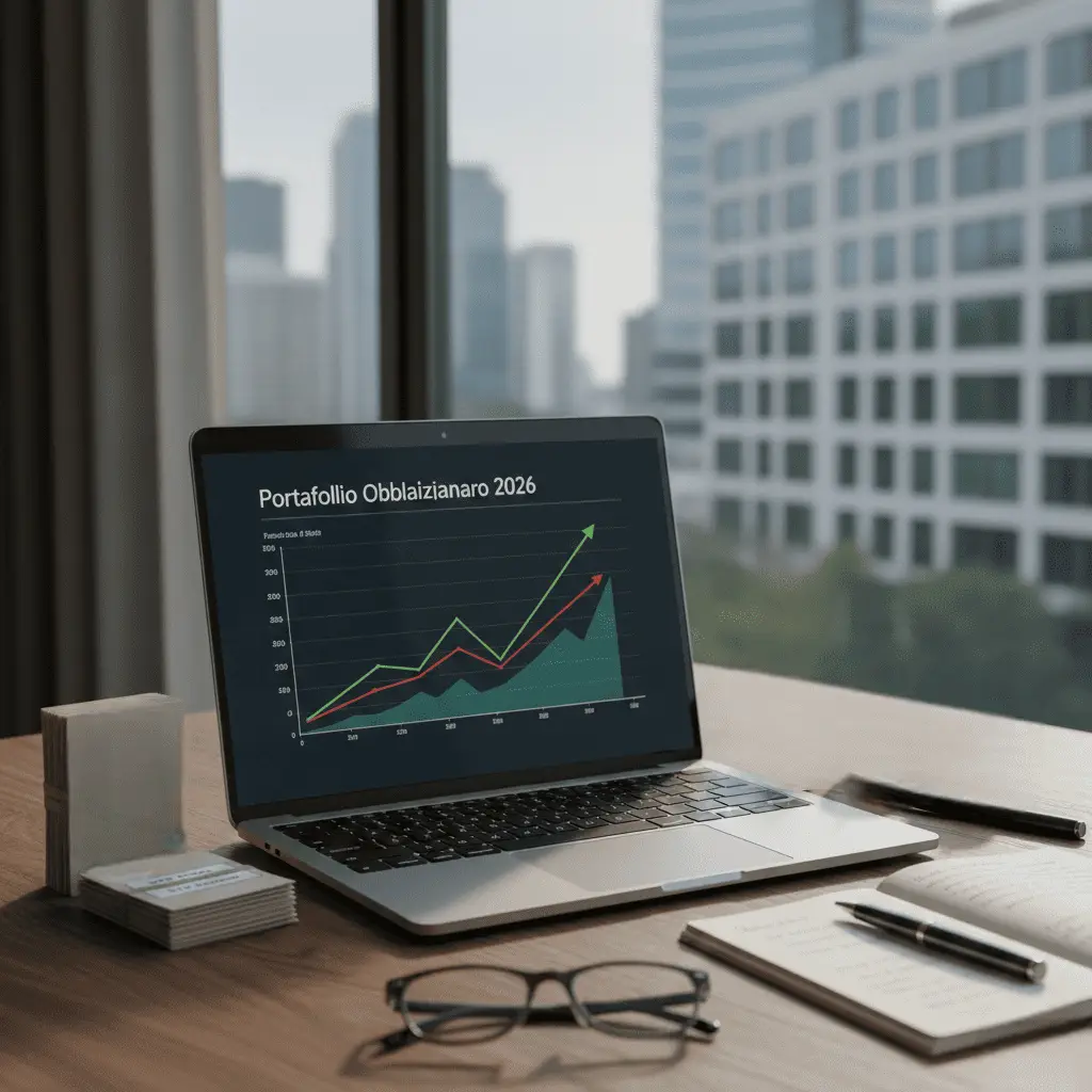 Grafico di un portafoglio obbligazionario 2026 che mostra la crescita del reddito fisso sul laptop, con riferimenti a BTP, obbligazioni corporate (rendimento) e ETF obbligazionari (diversificazione) su una scrivania finanziaria.