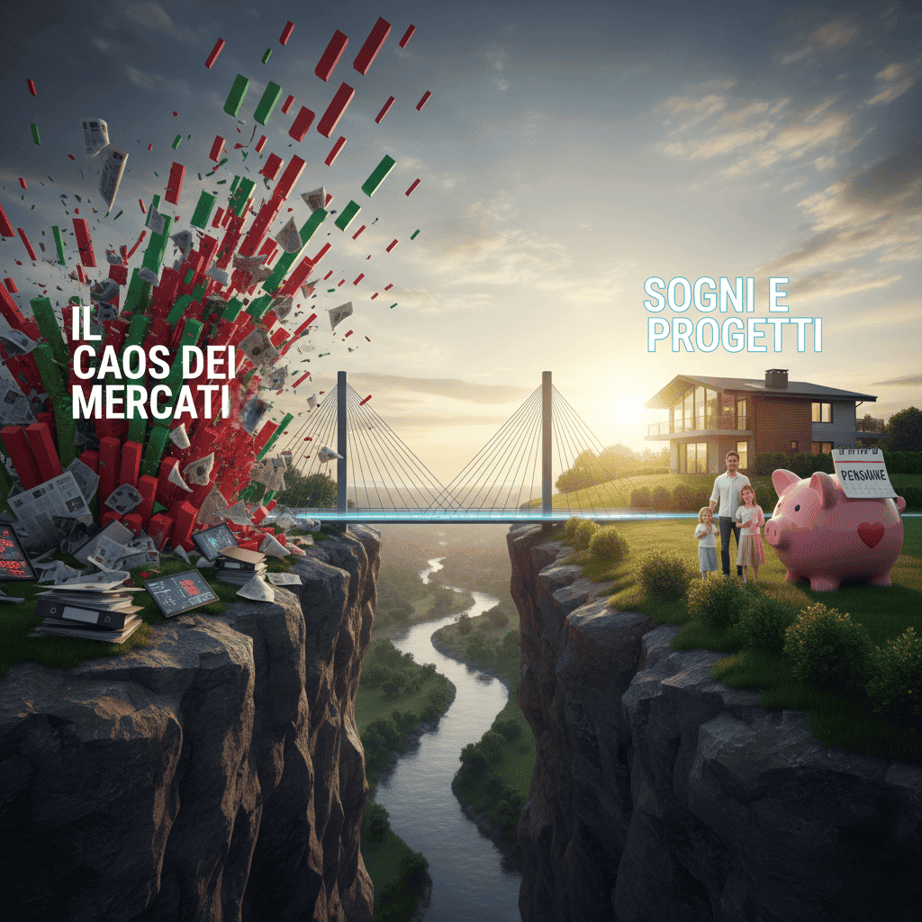 Illustrazione concettuale di un ponte moderno che collega il caos dei mercati finanziari agli obiettivi di vita come famiglia, casa e pensione.