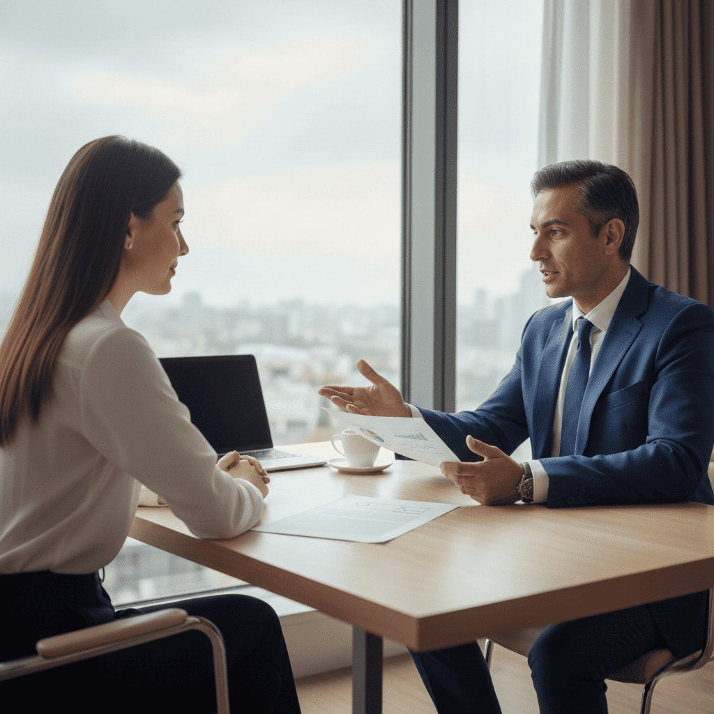 Consulente finanziario spiega una strategia semplice ed efficace a due clienti, creando un piano chiaro.