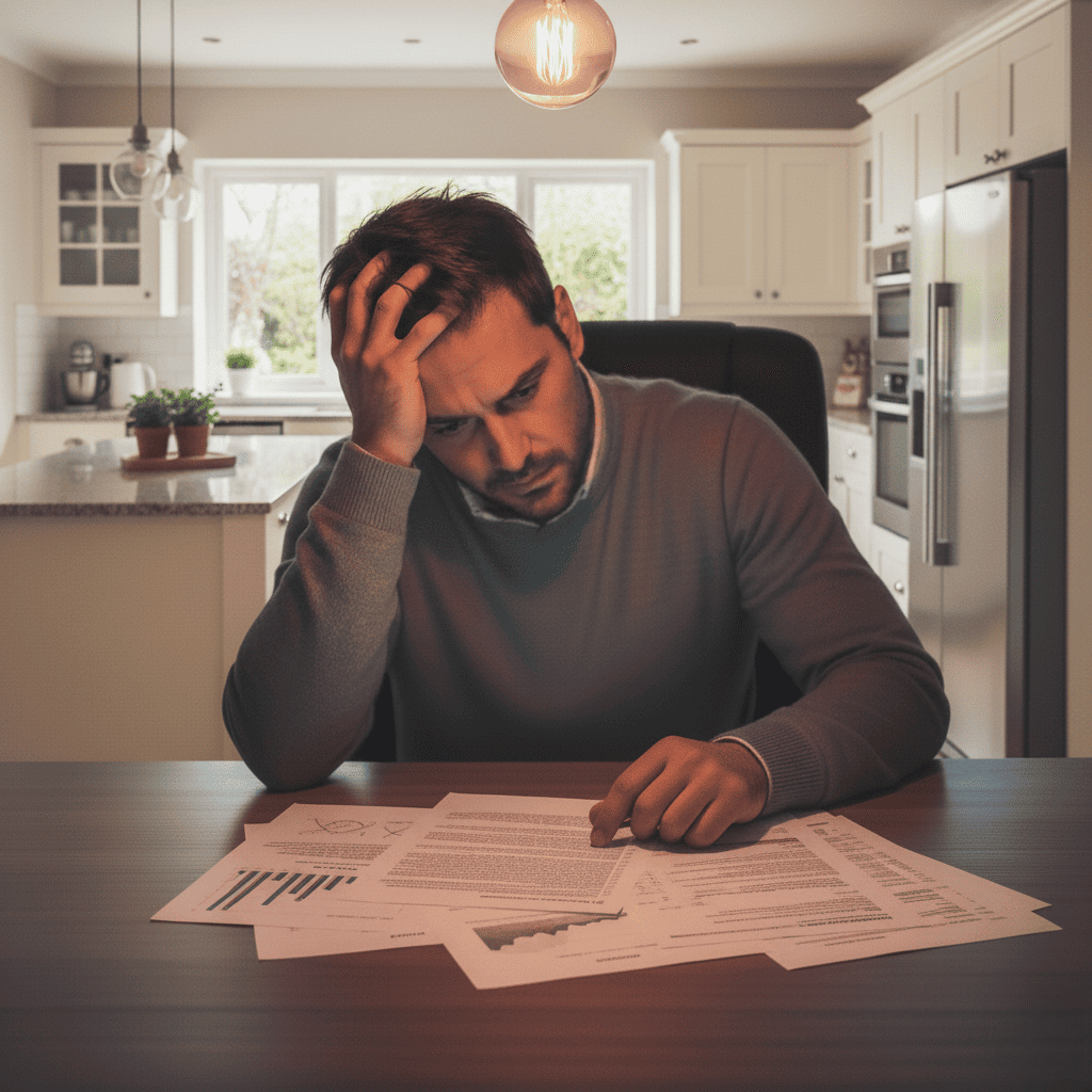 Uomo in cucina legge documenti finanziari con espressione preoccupata e frustrata. L'immagine simboleggia lo stress derivante dalla mancanza di una corretta pianificazione finanziaria.