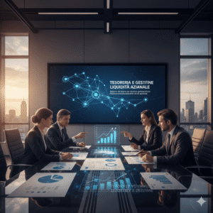 Quattro professionisti in un meeting analizzano grafici digitali su tesoreria e gestione liquidità aziendale per ottimizzazione flussi finanziari e pianificazione risorse. Icona di rete e crescita.