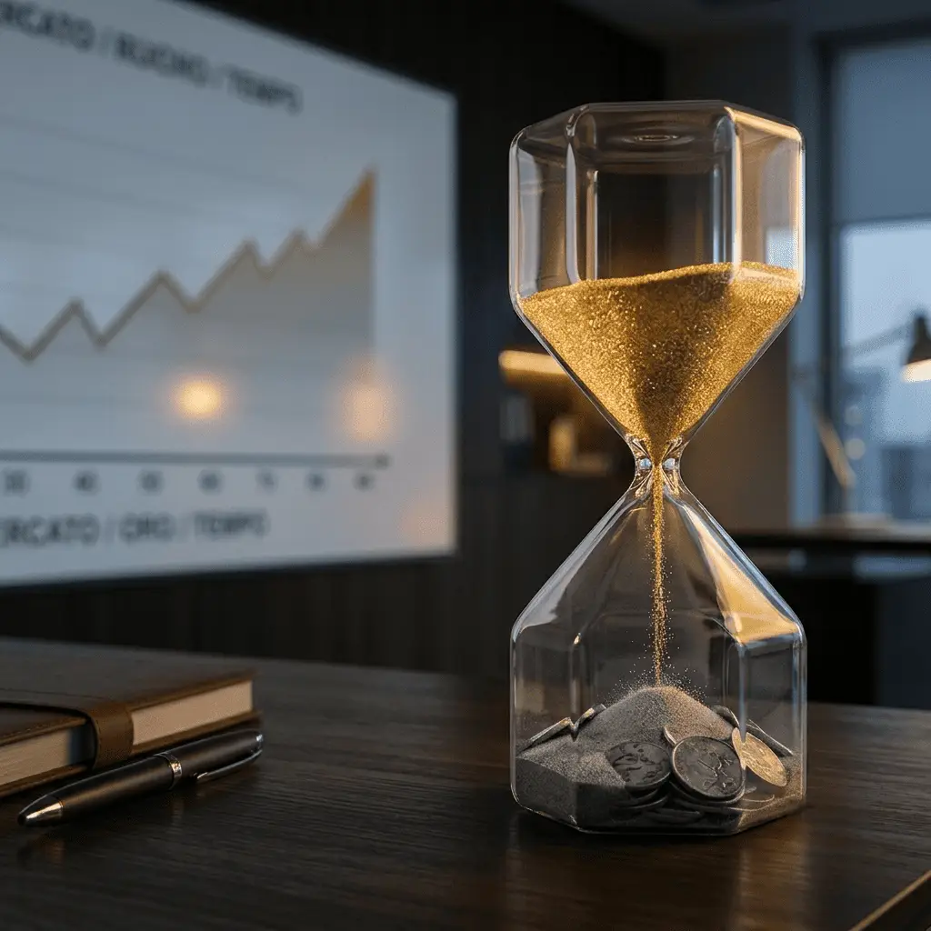 Clessidra minimalista su una scrivania ufficio con sabbia dorata nella parte superiore che si trasforma in monete grigie ferme nella parte inferiore; sullo sfondo un grafico finanziario azionario in crescita sfocato.
