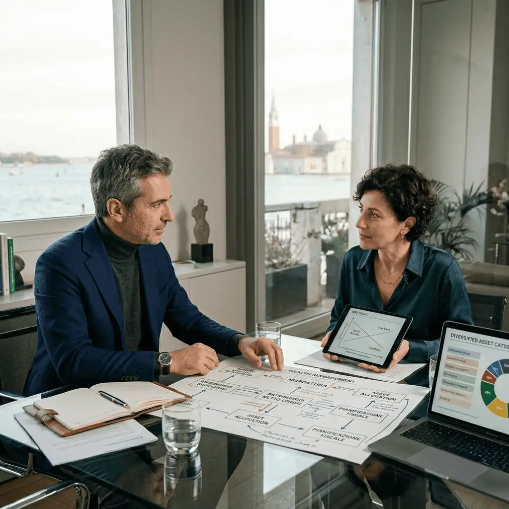 Un consulente finanziario fee-only e una cliente analizzano una mappatura patrimoniale e un grafico comparativo su costi nascosti e fee-only in un ufficio con vista su Venezia